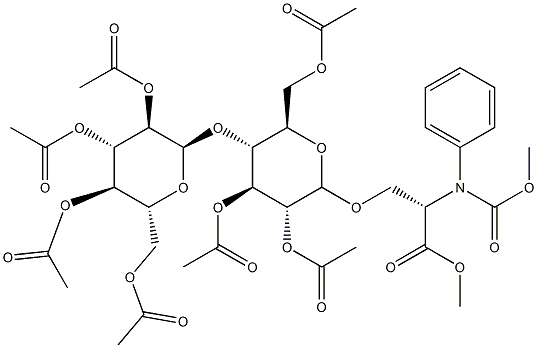 O-[2-O,3-O,6-O-Triacetyl-4-O-(2-O,3-O,4-O,6-O-tetraacetyl-α-D-glucopyranosyl)-β-D-glucopyranosyl]-N-[(phenylmethoxy)carbonyl]-L-serine methyl ester 结构式