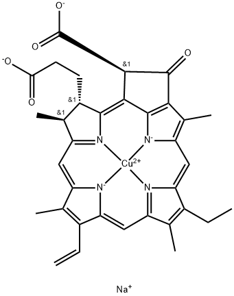 disodium [3S-(3alpha,4beta,21beta)]-[21-carboxy-14-ethyl-4,8,13,18-tetramethyl-20-oxo-9-vinylphorbine-3-propionato(4-)-N23,N24,N25,N26]cuprate(2-) Structure