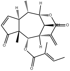 (E)-2-メチル-2-ブテン酸[(1S,11S)-11-ヒドロキシ-1α,7aβ-ジメチル-5-メチレン-4,8-ジオキソ-2β,6β-メタノ-1,4,5,6,7,7a,8,10aα-オクタヒドロ-2H-シクロペンタ[d]オキソニン-7α-イル] 化学構造式