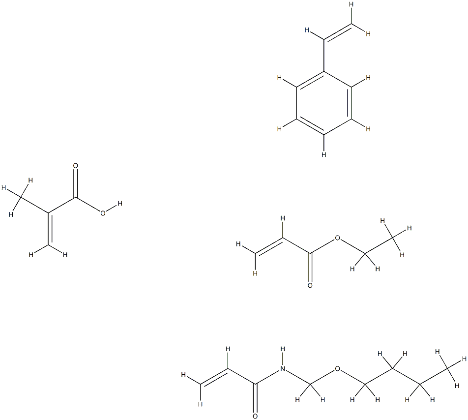 2-甲基-2-丙烯酸与N-(丁氧基甲基)-2-丙烯酰胺、苯乙烯和2-丙烯酸乙酯的聚合物, 26589-46-8, 结构式