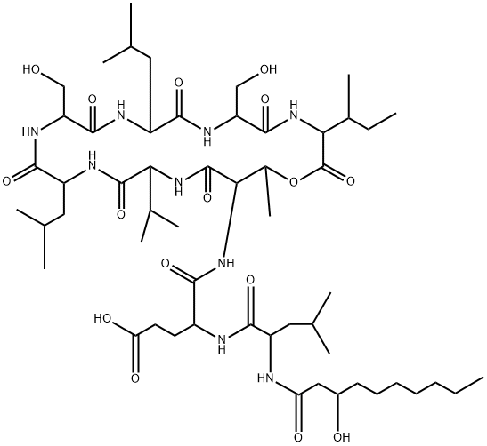 (-)-N-[N-[(R)-3-ヒドロキシデカノイル]-L-Leu-D-Glu-]シクロ(D-aThr*-D-Val-L-Leu-D-Ser-L-Leu-D-Ser-L-Ile-) 化学構造式