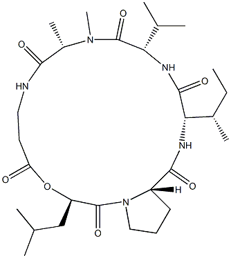 N-[N-[(2R)-1-Oxo-2-hydroxy-4-methylpentyl]-L-Pro-L-Ile-L-Val-N-methyl-L-Ala-]-β-alanine lactone, 27482-48-0, 结构式