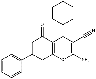 2-amino-4-cyclohexyl-5-oxo-7-phenyl-5,6,7,8-tetrahydro-4H-chromene-3-carbonitrile Struktur