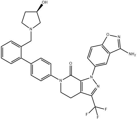1-(3-氨基-1,2-苯并[D]异唑-5-基)-3-三氟甲基-6-[4-[2-[[(3R)-3-羟基-1-吡咯烷基]甲基]苯基]苯基]-1,4,5,6-四氢-7H-吡唑并[3,4-C]吡啶-7-酮, 280118-23-2, 结构式