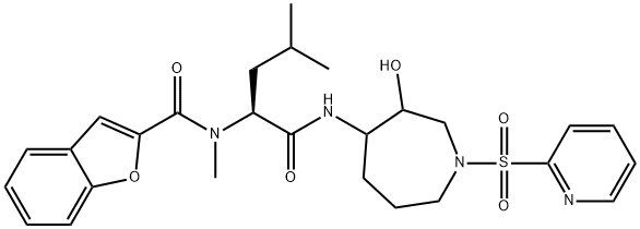 2-Benzofurancarboxamide,N-[(1S)-1-[[[hexahydro-3-hydroxy-1-(2-pyridinylsulfonyl)-1H-azepin-4-yl]amino]carbonyl]-3-methylbutyl]-N-methyl-(9CI) 结构式
