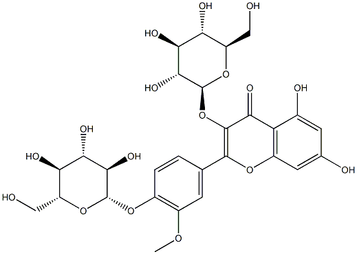 2-[3-メトキシ-4-(β-D-グルコピラノシルオキシ)フェニル]-5,7-ジヒドロキシ-3-(β-D-グルコピラノシルオキシ)-4H-1-ベンゾピラン-4-オン 化学構造式