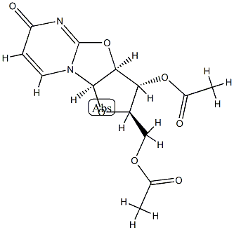 (2R,3aβ,9aβ)-3β-アセトキシ-2α-(アセトキシメチル)-2,3,3a,9a-テトラヒドロ-6H-フロ[2',3':4,5]オキサゾロ[3,2-a]ピリミジン-6-オン 化学構造式