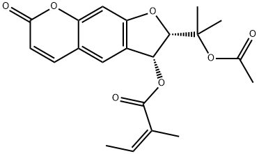 (Z)-2-Methyl-2-butenoic acid [(2S)-2α-(1-acetoxy-1-methylethyl)-2,3-dihydro-7-oxo-7H-furo[3,2-g][1]benzopyran-3α-yl] ester Struktur