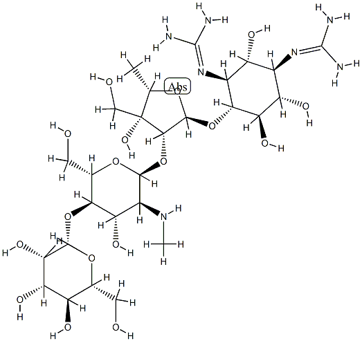 4-O-[2-O-[2-(メチルアミノ)-4-O-β-D-マンノピラノシル-2-デオキシ-α-L-グルコピラノシル]-5-デオキシ-3-ヒドロキシメチル-α-L-リキソフラノシル]-N,N'-ビス(アミノイミノメチル)-D-ストレプタミン 化学構造式