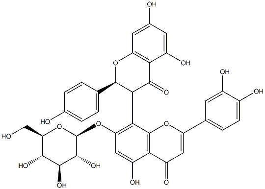 (2S,3R)-2'-(3,4-ジヒドロキシフェニル)-7'-(β-D-グルコピラノシルオキシ)-2,3-ジヒドロ-5,5',7-トリヒドロキシ-2-(4-ヒドロキシフェニル)-3,8'-ビ[4H-1-ベンゾピラン]-4,4'-ジオン 化学構造式