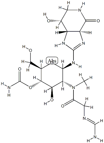 (3aS)-2-[[4-O-Aminocarbonyl-2-[[[(iminomethyl)amino]acetyl]methylamino]-2-deoxy-β-D-glucopyranosyl]amino]-1,3aβ,5,6,7,7aα-hexahydro-7β-hydroxy-4H-imidazo[4,5-c]pyridin-4-one Structure