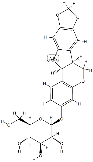 [(6aS)-6aβ,12aβ-ジヒドロ-6H-[1,3]ジオキソロ[5,6]ベンゾフロ[3,2-c][1]ベンゾピラン-3-イル]β-D-グルコピラノシド 化学構造式