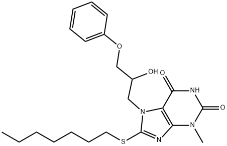 8-(heptylsulfanyl)-7-(2-hydroxy-3-phenoxypropyl)-3-methyl-3,7-dihydro-1H-purine-2,6-dione,303970-78-7,结构式
