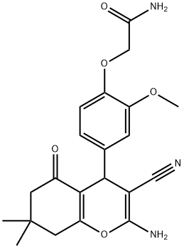 2-[4-(2-amino-3-cyano-7,7-dimethyl-5-oxo-5,6,7,8-tetrahydro-4H-chromen-4-yl)-2-methoxyphenoxy]acetamide Struktur