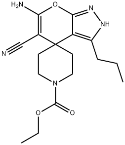 6-amino-5-cyano-3-propyl-2,4-dihydro-1'-ethylcarboxylspiro[pyrano[2,3-c]pyrazole-4,4'-piperidine] Structure