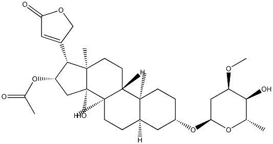 16β-(アセチルオキシ)-3β-[(3-O-メチル-2,6-ジデオキシ-α-L-ribo-ヘキソピラノシル)オキシ]-14-ヒドロキシ-5β-カルダ-20(22)-エノリド 化学構造式