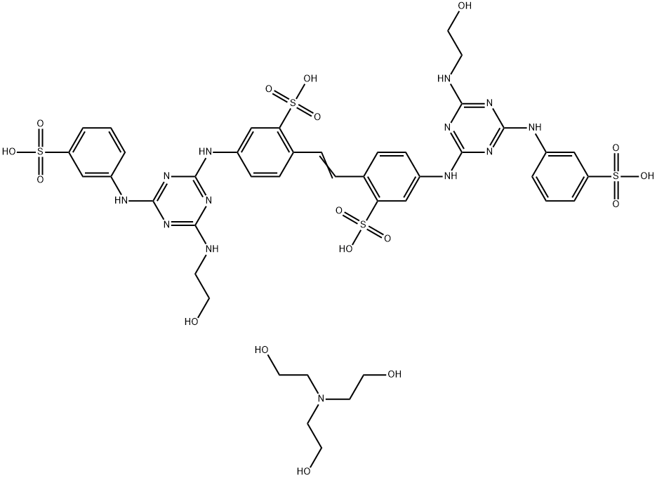 2,2′-(1,2-エテンジイル)ビス[5-[[4-[(2-ヒドロキシエチル)アミノ]-6-[(3-スルホフェニル)アミノ]-1,3,5-トリアジン-2-イル]アミノ]ベンゼンスルホン酸]・4(2,2′,2′′-ニトリロトリス(エタノール)) 化学構造式