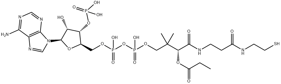 アデノシン3′-りん酸5′-[二りん酸P2-[(R)-2,2-ジメチル-3-ヒドロキシ-3-[[2-[[2-(プロピオニルチオ)エチル]アミノカルボニル]エチル]アミノカルボニル]プロピル]] 化学構造式