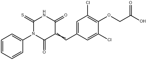 330956-10-0 2-[2,6-dichloro-4-[(E)-(4,6-dioxo-1-phenyl-2-sulfanylidene-1,3-diazinan-5-ylidene)methyl]phenoxy]acetic acid