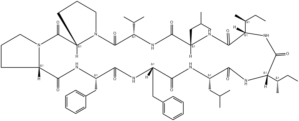 环九肽CYCLO(L-ISOLEUCYL-D-LEUCYL-L-LEUCYLPROLYL-L-PROLYL-L-PHENYLALANYL-D-PHENYLALANYL-L-LEUCYL-L-VALYL) 结构式