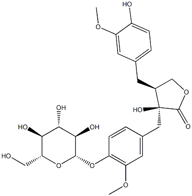 (3S)-3β-Hydroxy-3-[3-methoxy-4-(β-D-glucopyranosyloxy)benzyl]-4β-(3-methoxy-4-hydroxybenzyl)-4,5-dihydrofuran-2(3H)-one Struktur