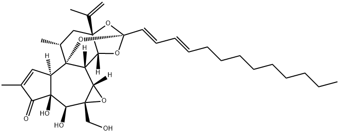 (2S,3aβ,3bβ,3cβ,8aα)-3a,3b,3c,4a,5,5a,8a,9,10,10a-デカヒドロ-5β,5aβ-ジヒドロキシ-4aβ-(ヒドロキシメチル)-7,9α-ジメチル-10aβ-(1-メチルビニル)-2-(1,3-トリデカジエニル)-6H-2α,8bα-エポキシオキシレノ[6,7]アズレノ[5,4-e]-1,3-ベンゾジオキソール-6-オン 化学構造式