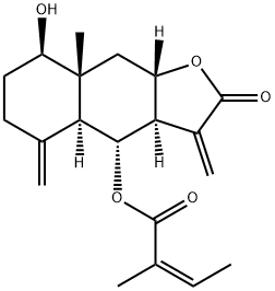 (Z)-2-Methyl-2-butenoic acid [(3aR,4aα,9aβ)-dodecahydro-2-oxo-3,5-bis(methylene)-8aβ-methyl-8β-hydroxynaphtho[2,3-b]furan]-4α-yl ester Struktur