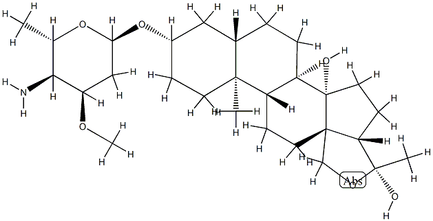 [(20R)-18,20-エポキシ-14β,20-ジヒドロキシ-5α-プレグナン-3β-イル]4-アミノ-3-O-メチル-2,4,6-トリデオキシ-α-L-arabino-ヘキソピラノシド 化学構造式