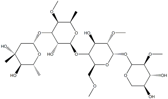 [2-O-Methyl-α-L-lyxopyranosyl]4-O-[6-deoxy-3-O-(3-methyl-2,6-dideoxy-β-D-arabino-hexopyranosyl)-4-O-methyl-β-D-galactopyranosyl]-2-O,6-O-dimethyl-β-D-mannopyranoside 结构式