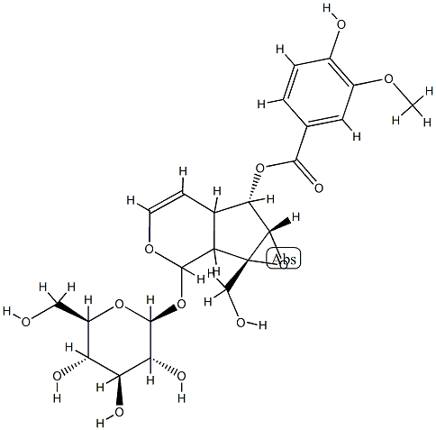 [(1aS,2S,6S,6aS)-1a,1b,2,5a,6,6a-ヘキサヒドロ-6-[(4-ヒドロキシ-3-メトキシベンゾイル)オキシ]-1aβ-(ヒドロキシメチル)オキシレノ[4,5]シクロペンタ[1,2-c]ピラン-2-イル]β-D-グルコピラノシド 化学構造式