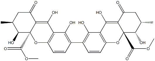 (3S,3'S,4S,4'S,4aR,4'aR)-2,2',3,3',4,4',9,9'-Octahydro-1,1',4,4',8,8'-hexahydroxy-3,3'-dimethyl-9,9'-dioxo-7,7'-bi(4aH-xanthene)-4a,4'a-dicarboxylic acid dimethyl ester Struktur