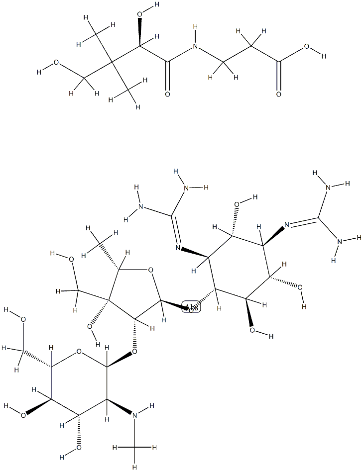 beta-Alanine, N-(2,4-dihydroxy-3,3-dimethyl-1-oxobutyl)-, (R)-, compd. with O-2-deoxy-2-(methylamino)-alpha-l-glucopyranosyl-(1->2)-O-5-deoxy-3-C-(hydroxymethyl)-alpha-l-lyxofuranosyl-(1->4)-N,N'-bis(aminoiminomethyl)-d-streptamine Structure