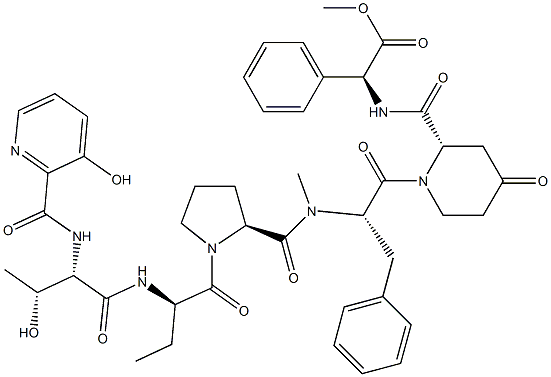 N-[(3-ヒドロキシ-2-ピリジニル)カルボニル]-L-Thr-D-Abu-L-プロリル-N-メチル-L-Phe-4-オキソ-L-ピペコロイル-L-フェニルGly-OMe 化学構造式
