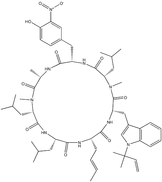 シクロ[L-Ala-N-メチル-L-Leu-L-Leu-3-[(E)-1-プロペニル]-L-Ala-1-(1,1-ジメチル-2-プロペニル)-L-Trp-N-メチル-L-Leu-3-ニトロ-L-Tyr-] 化学構造式