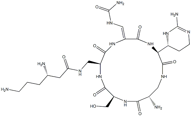 シクロ[A2pr*-Ser-N3-[(3S)-3,6-ジアミノ-1-オキソヘキシル]A2pr-2-[(Z)-アミノカルボニルアミノメチレン]Gly-2-[(4R)-2-イミノヘキサヒドロピリミジン-4-イル]Gly-] 化学構造式
