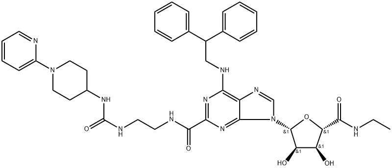 BETA-D-RIBOFURANURONAMIDE, 1-DEOXY-1-[6-[(2,2-DIPHENYLETHYL)AMINO]-2-[[[2-[[[[1-(2-PYRIDINYL)-4-PIPERIDINYL]AMINO]CARBONYL]AMINO]ETHYL]AMINO]CARBONYL]-9H-PURIN-9-YL]-N-ETHYL-, 380221-63-6, 结构式