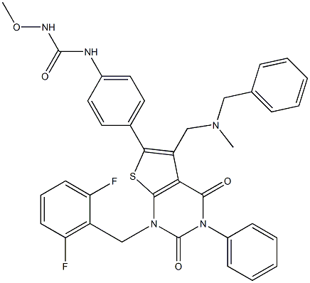 3-[4-[7-[(benzyl-methyl-amino)methyl]-2-[(2,6-difluorophenyl)methyl]-3 ,5-dioxo-4-phenyl-9-thia-2,4-diazabicyclo[4.3.0]nona-7,10-dien-8-yl]ph enyl]-1-methoxy-urea Struktur