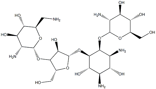 4-O-(2-Amino-2-deoxy-α-D-glucopyranosyl)-5-O-[3-O-(2,6-diamino-2,6-dideoxy-α-D-glucopyranosyl)-β-D-ribofuranosyl]-D-streptamine 结构式