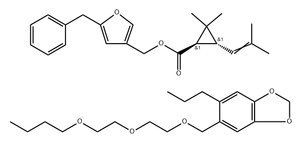 (1R,3R)-2,2-ジメチル-3-(2-メチル-1-プロペニル)シクロプロパンカルボン酸(5-フェニルメチル-3-フラニル)メチル/5-[[2-(2-ブトキシエトキシ)エトキシ]メチル]-6-プロピル-1,3-ベンゾジオキソール 化学構造式
