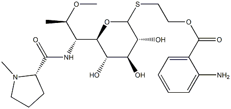 2-[(2-アミノベンゾイル)オキシ]エチル6,8-ジデオキシ-7-O-メチル-6-[[[(2S)-1-メチルピロリジン-2-イル]カルボニル]アミノ]-1-チオ-D-erythro-α-D-galacto-オクトピラノシド 化学構造式