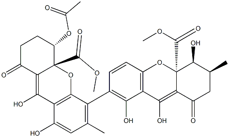 (3'S,4S,4aR)-4-アセトキシ-2,2',3,3'α,4,4',9,9'-オクタヒドロ-1,1',4'α,8,8'-ペンタヒドロキシ-3'α,6-ジメチル-9,9'-ジオキソ-5,7'-ビ(4aH-キサンテン)-4a,4'aβ-ジカルボン酸ジメチル 化学構造式