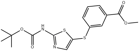 Methyl 3-(2-(tert-butoxycarbonyl)thiazol-5-ylthio)benzoate 化学構造式