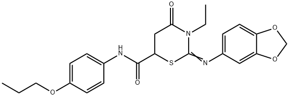 2-(1,3-benzodioxol-5-ylimino)-3-ethyl-4-oxo-N-(4-propoxyphenyl)-1,3-thiazinane-6-carboxamide 化学構造式