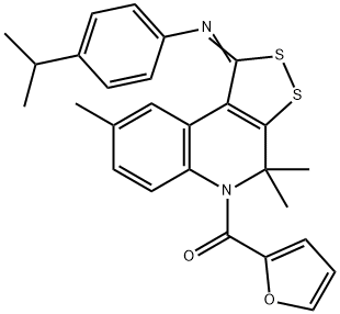 N-[5-(2-furoyl)-4,4,8-trimethyl-4,5-dihydro-1H-[1,2]dithiolo[3,4-c]quinolin-1-ylidene]-4-isopropylaniline Struktur