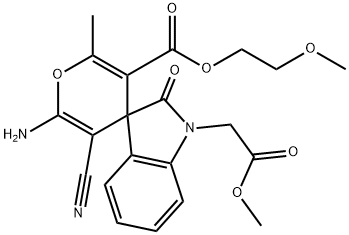 methyl (3'-{2'-methoxyethoxycarbonyl}-6'-amino-5'-cyano-2'-methyl-2-oxo-2,3-dihydrospiro[1H-indol-3,4'-(4'H)-pyran]-1-yl)acetate 结构式