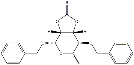 ベンジル4-O-ベンジル-6-デオキシ-β-L-マンノピラノシド2-O,3-O-チオ炭酸 化学構造式
