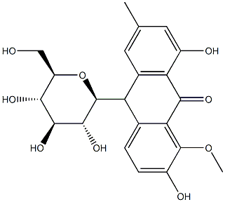 10-β-D-Glucopyranosyl-2,8-dihydroxy-1-methoxy-6-methylanthracen-9(10H)-one,477-66-7,结构式