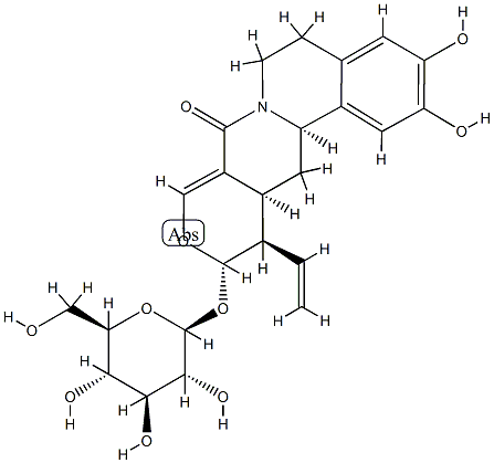 (11S)-12α-エテニル-11β-(β-D-グルコピラノシルオキシ)-5,11,12,12aβ,13,13aβ-ヘキサヒドロ-2,3-ジヒドロキシ-6H,8H-ベンゾ[a]ピラノ[3,4-g]キノリジン-8-オン 化学構造式