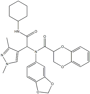 1H-Pyrazole-4-acetamide,alpha-[1,3-benzodioxol-5-yl[(2,3-dihydro-1,4-benzodioxin-2-yl)carbonyl]amino]-N-cyclohexyl-1,3-dimethyl-(9CI)|