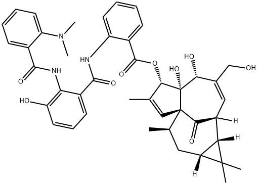 Benzoic acid, 2-((2-((2-(dimethylamino)benzoyl)amino)-3-hydroxybenzoyl )amino)-, 1a,2,5,5a,6,9,10,10a-octahydro-5,5a-dihydroxy-4-(hydroxymeth yl)-1,1,7,9-tetramethyl-11-oxo-1H-2,8a-methanocyclopenta(a)cyclopropa( e)cyclodecen-6-yl ester, (1 结构式